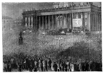 Bekendmaking van de uitslag van de verkiezing tijdens de algemene verkiezingen, Leeds, West Yorkshire, 1880