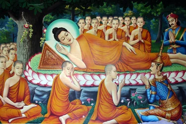 Afbeelding van de dood van Boeddha en zijn intrede in het nirvana. Cambodja