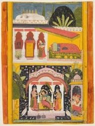 Desavarari Ragini, uit een Ragamala-serie: Een dame en twee bedienden in een prieel in het midden, c169