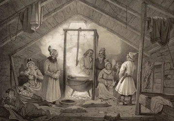 Het interieur van een boerderijhut in Finmarken. Illustratie uit het boek Noorwegen voorgesteld in tekeningen van Asbjørnsen, P.Chr. en uitgegeven door Chr. Tønsberg (no, 1848)