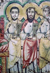 Detail van een Koptische muurschildering met twee apostelen, 6e eeuw