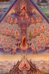 Detail van een muurschildering in de Uposatha (heiligdom) van de Buddhapadipa-tempel, Wimbledon, Groot-Brittannië