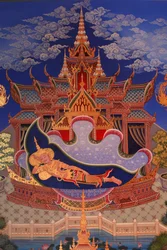 Detail van een muurschildering in de Uposatha (heiligdomzaal) van de Buddhapadipa tempel, Wimbledon, Verenigd Koninkrijk