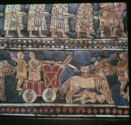 Detail van de Standaard van Ur, met een Sumerische oorlogswagen, Zuid-Irak, ongeveer 2600-2400 v.Chr.
