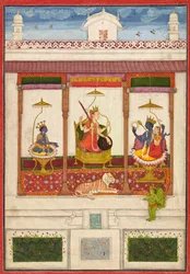 Devi met Krishna en Vishnu in een paleis, ca. 1645-1655