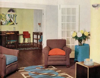 Eetkamer en lounge in een gereconstrueerd Londens appartement voor mevrouw Harry Ewbank in Bryanston Court