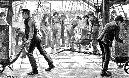 Havenarbeiders lossen thee in de Londense Docks, 1889