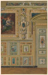 Doorsnede van een muur met groepen geschilderde panelen, Oval Chamber, Salon Louis XIV, Paleis van Fontainebleau, Frankrijk