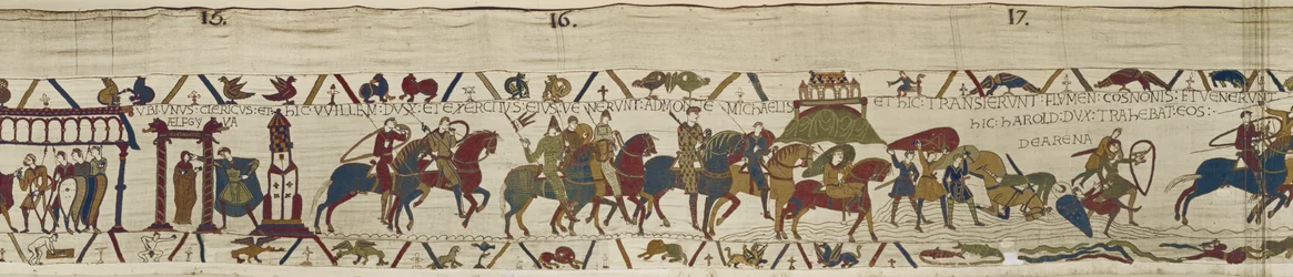 Hertog Willem leidt zijn leger naar Bretagne waar Harold dapper soldaten redt uit het drijfzand, Tapijt van Bayeux