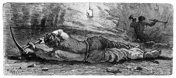 Vroege 19e-eeuwse mijnwerker die een smalle naad werkt, ca. 1868