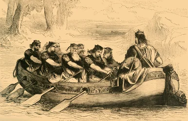 Edgar de Vredelievende wordt geroeid over de rivier Dee door Acht Tributaire Prinsen, ca. 1890