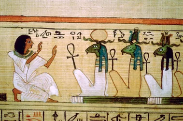 Egyptisch Dodenboek, overledene knielend voor de goden van de onderwereld