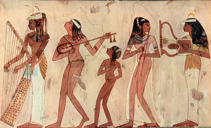 Egyptische boogharp, luit, dubbele hobo en lier, grafschildering in Waset, Thebe, ca. 1420-1411 v.Chr.