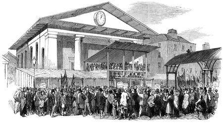 Verkiezingsbijeenkomst in Covent Garden tijdens de Westminster verkiezing, Londen, 1852