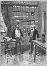 Elisha Gray, Amerikaanse uitvinder, presenteert de caveat voor zijn telefoon, 1876, c. 1890