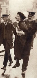 Emmeline Pankhurst gearresteerd door Superintendent Rolfe buiten Buckingham Palace, Londen