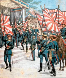 Keizer van Japan presenteert kleuren aan Japanse regimenten, 1904
