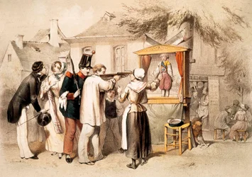 Gravure van een schietbaan