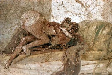 Erotische muurschildering, Pompeï, Italië