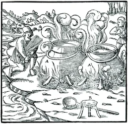 Zeewater verdampen in ijzeren potten om zout te verkrijgen, 1556