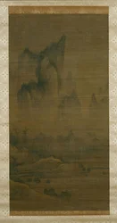 Avondklok van mist-omsloten tempel, Herfstmaan boven het Dongtingmeer rechts, ca. 1450-1500