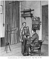 Onderzoek van de thorax van een patiënt met een röntgenbuis en fluorescerend scherm, 1903