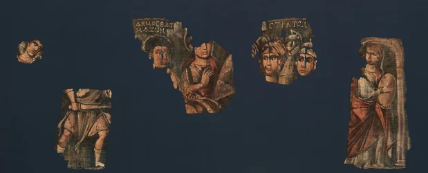 Exodus Schilderij, vijf elementen van een geschilderd hangend doek dat de..., midden 2e-midden 4e eeuw