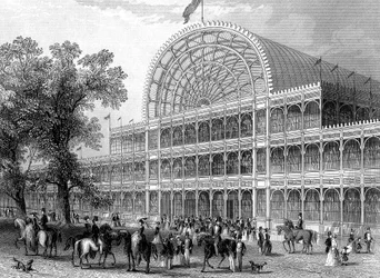 Exterieur van het noordelijke transept van het Crystal Palace, Londen, gebouwd voor de Grote Tentoonstelling, 1851