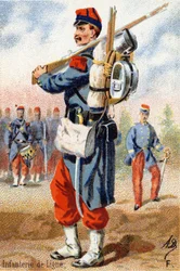 F: Linie-infanterie. Gravure in "Militair Alfabet". Initialen van de illustrator: A. D. Onbekende uitgever. Chromolithografieën eind 19e eeuw.