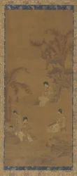 Vrouwelijke muzikanten in een tuin onder bananenpalmen, Ming-dynastie, 1368-1644