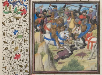 Gevecht tussen christenen en Saracenen onder Saladin. Miniatuur uit de Historia door Willem van Tyrus, 1460s
