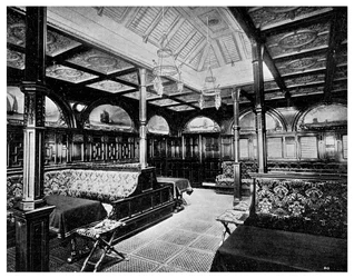 Eerste klas rookkamer aan boord van het P&O stoomschip SS India, 1901