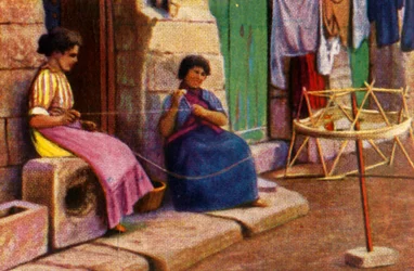 Vissersvrouwen die garen winden voor netten, Malta