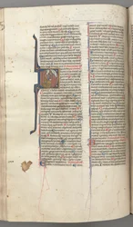 Fol. 220v, Psalm 38, gehistoriseerde initiaal D, David knielend, wijzend naar de buste van God boven