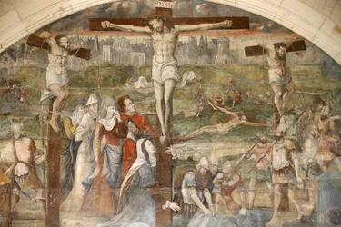 Abdij van Fontevraud kapittelhuis schilderij: opstanding geschilderd door Thomas Pot rond 1563, Fontevraud, Frankrijk