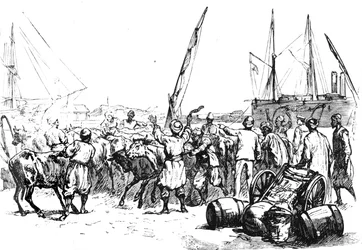 Voedsel voor de troepen: vee lossen in Port Said, ca. 1882