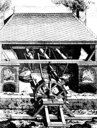 Smederij met blaasbalg aangedreven door een onderslag watermolen via krukken, 1673
