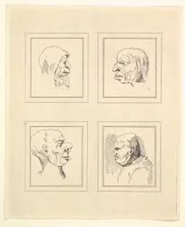 Vier hoofden uit Characaturas door Leonardo da Vinci, naar tekeningen van Wincelslaus Hollar, 1786