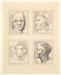 Vier Hoofden uit Characaturas door Leonardo da Vinci, van Tekeningen door Wincelslaus Hollar