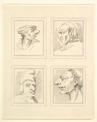 Vier hoofden uit Characaturas door Leonardo da Vinci, naar tekeningen van Wincelslaus Hollar