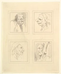 Vier hoofden uit Characaturas door Leonardo da Vinci, naar tekeningen van Wincelslaus Hollar, 1786
