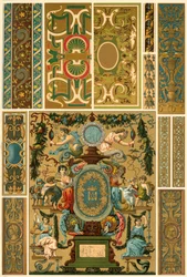 Franse Renaissance muurschildering, polychroom beschilderde sculptuur, weven en boekomslagen, 1898