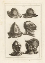 Franse ijzeren pothelm, gegraveerde stalen helm uit de 16e eeuw, grote heldere helm, open helm, versierde helm met vizier