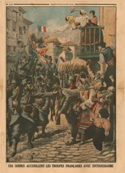Franse troepen worden enthousiast verwelkomd door de Serviërs, 1915