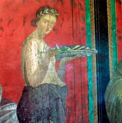 Fresco detail, ingewijde die een offer brengt