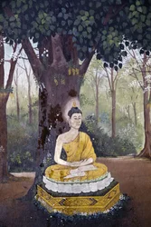 Fresco dat een scène uit het leven van de Boeddha toont in Wat Phra Doi Suthep, Chiang Mai. Boeddha mediteert onder een boom, Thailand