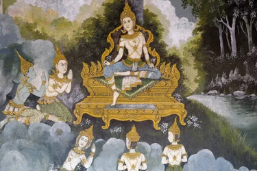 Fresco dat een scène uit het leven van Boeddha toont in Wat Phra Doi Suthep, Chiang Mai, Thailand