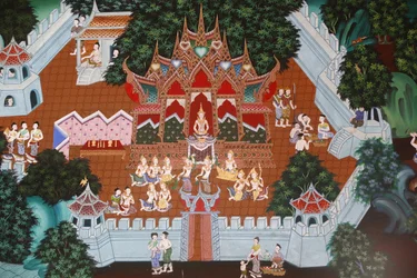 Fresco in Wat Ampharam, Hua Hin, Thailand. Temiya Jataka, ook wel Muga-Pakkha Jataka genoemd, een van de vroegere levens van de Boeddha.