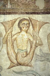 Fresco in de kerk van S. Giacomo, Temeno/Strada Vino, Alto Adige, Italië