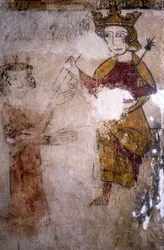 Fresco van de Ferrande Toren in Pernes-les-Fontaines (Pernes les Fontaines, Vaucluse (84)) uit de 13e eeuw: Karel I van Anjou (1227-1285) aan wie het lichaam van Manfred I van Sicilië of Hohenstaufen (ca. 1232-1266) wordt gebracht.